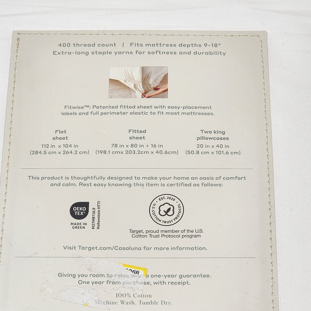 Casaluna King Premium Cotton Percale Sheet Set 400 TC White 4pc New - Picture 5 of 7